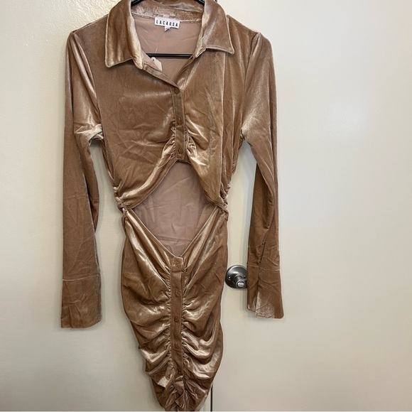 NWT LACAUSA Tan Velvet Cutout Dress Soze Large Style ID4251 - Picture 1 of 9